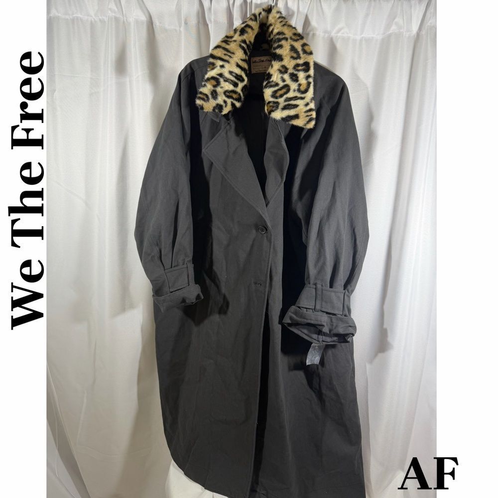 We The Free Need It Black Trench Coat with Leopard Print Collar in Medium New - Picture 4 of 5